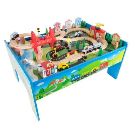 TOY TIME Wooden Train Table Deluxe with Painted Wooden Set with Tracks, Trains, Cars, Boats, for Kids 267763ZAV